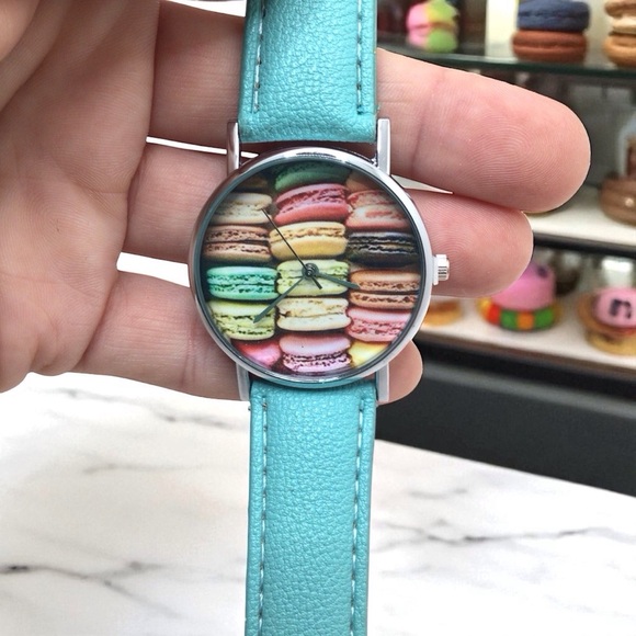 Women’s Analog Quartz Watch – Colorful Macaron Print Dial Aqua Blue Strap 35mm - Picture 1 of 4